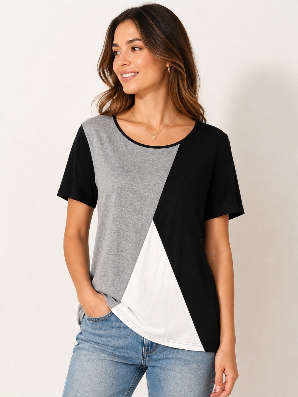 Colorblock Tee Black Gray White Minimalist Short Sleeve Top L Neutrals Soft